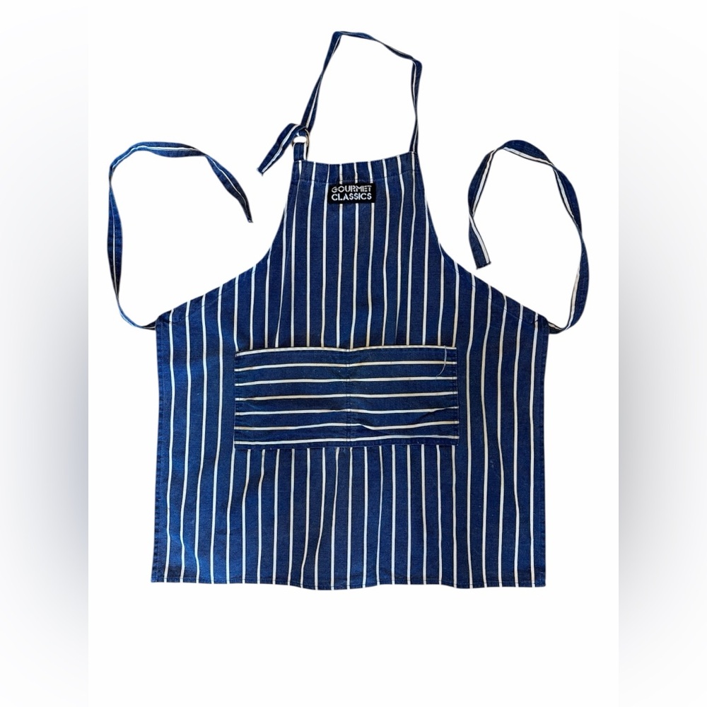 Gourmet Classics Vintage Blue & White Striped Chefs Apron Pockets Professional